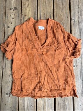 🇺🇸 XiRENA Avery Shirt Small Burnt Orange Ginger Cotton Gauze V-Neck Tunic
